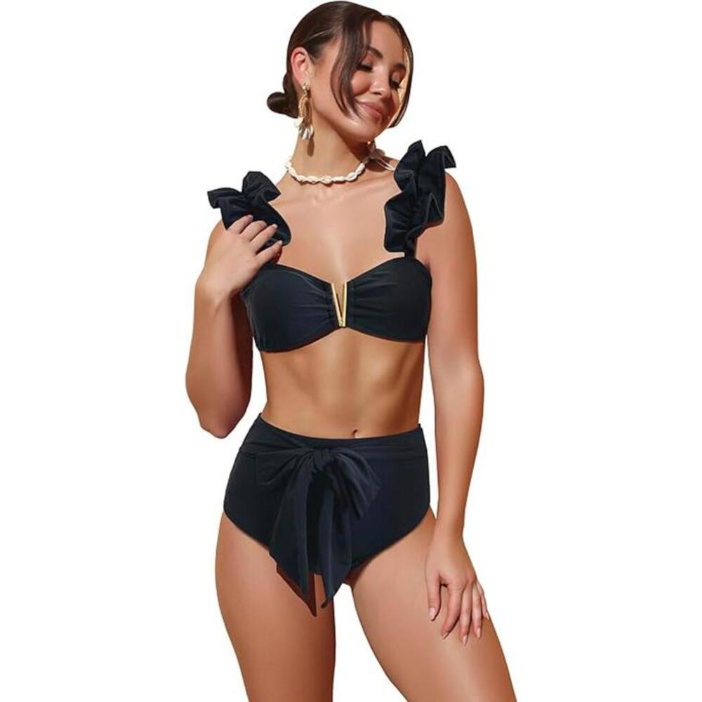 SPORLIKE Black Ruffled Strap High-Waisted Bikini with Gold Accents‎ S